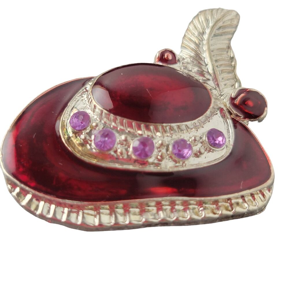 Vintage Red Enamel Hat Brooch Pin 1.5" Purple Rhinestones Silver-Tone Fashion